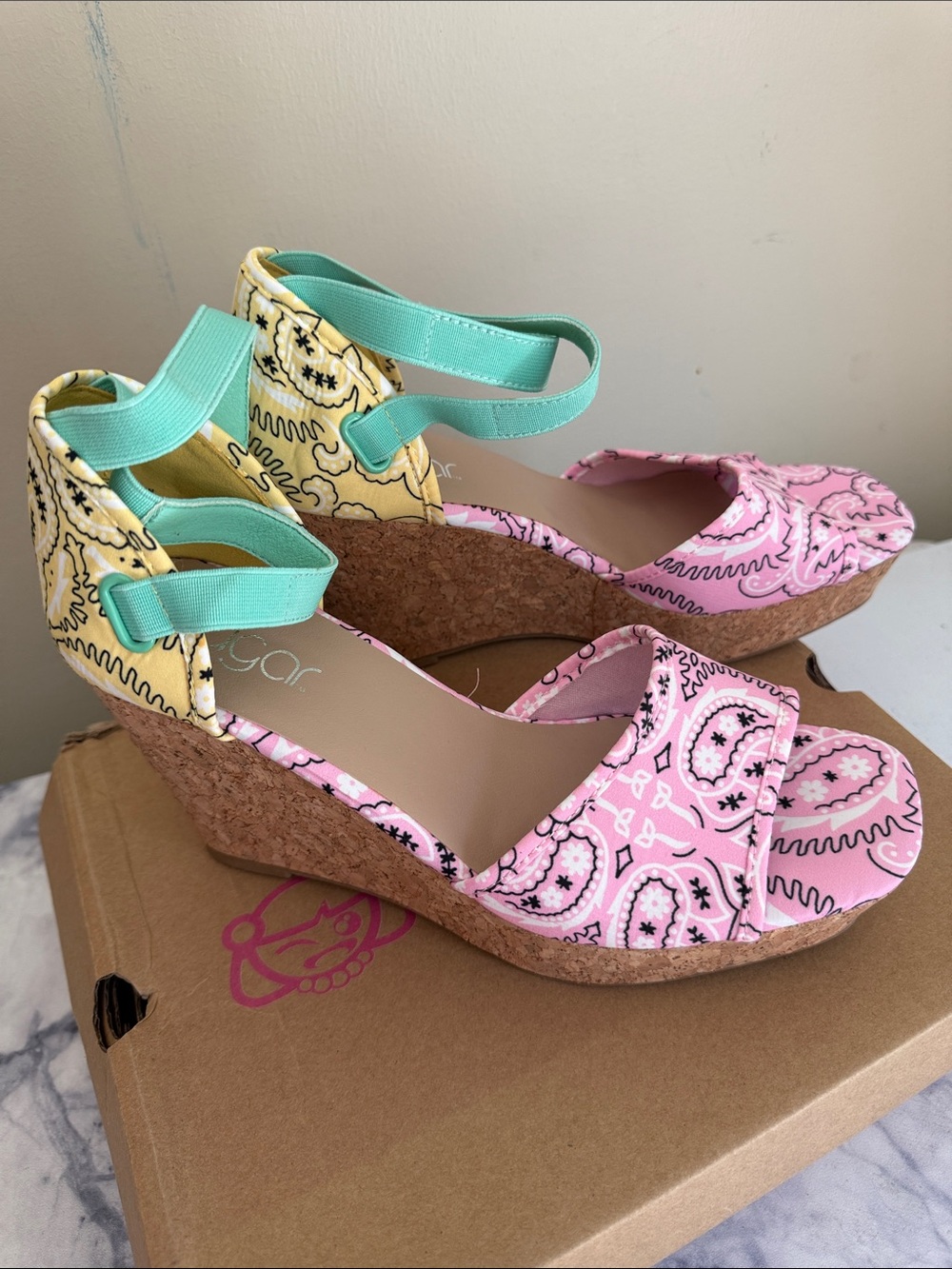 Sugar Pink Paisley Cork Wedge Sandals with Mint Straps